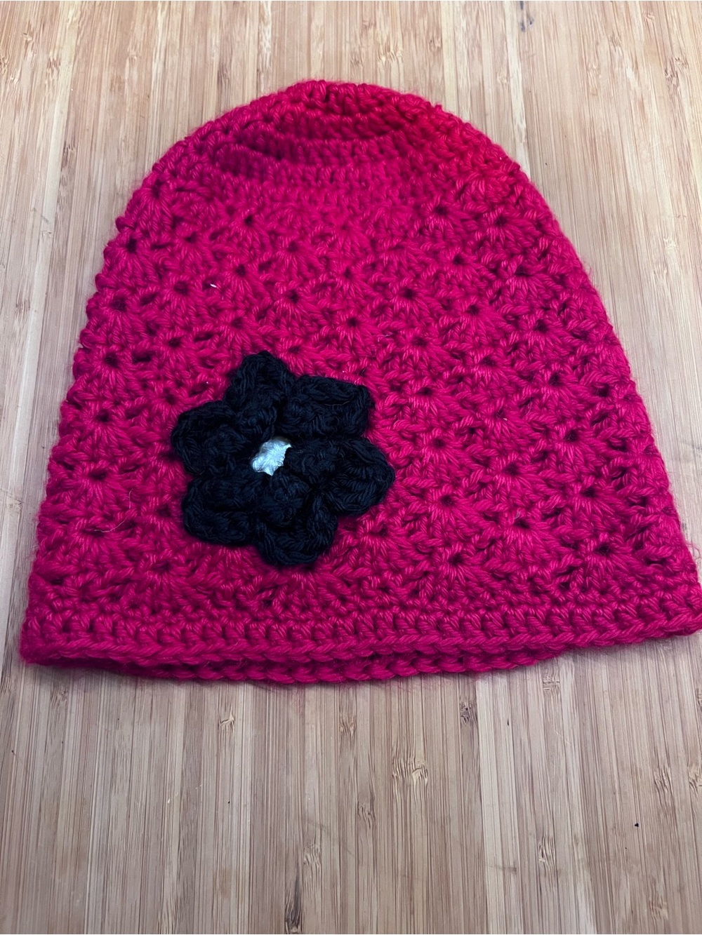 Source Unknown Kids Crochet Beanie Hat in Hot Pink with Black Flower